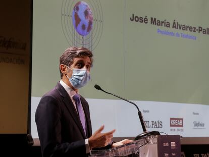 José María Álvarez Pallete, presidente de Telefónica, en su intervención en el Foro Tendencias 2021, este jueves en Madrid.