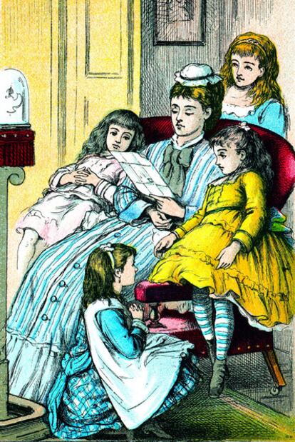 Portada de la edición de <i>Mujercitas,</i> de Louisa May Alcott, de Good Tone Library, de 1880 <b>(del libro</b><i> 1001 libros infantiles que hay que leer antes de crecer,</i> de Julia Eccleshare, Grijalbo).