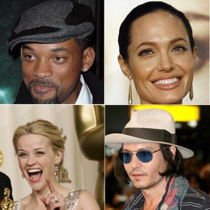 De izquierda a derecha y de arriba abajo, los actores estadounidenses Will Smith, Angelina Jolie, Reese Whiterspoon y Johnny Depp.