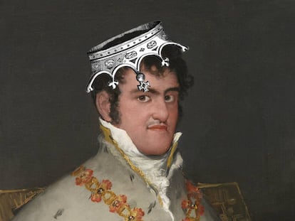 Montaje sobre el retrato que hizo Goya de Fernando VII, que data de 1815. La obra original se encuentra en el Museo Thyssen de Madrid.