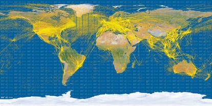 Imagem do tráfego aéreo mundial criada com observações do satélite PROBA-V, da Agência Espacial Europeia.