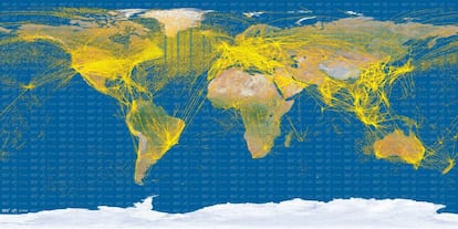 Imagen del tr&aacute;fico &aacute;ereo mundial creada con observaciones del sat&eacute;lite PROBA-V de la Agencia Espacial Europea