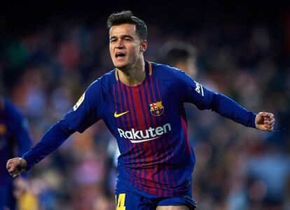 Coutinho festeja su primer gol con la camiseta del Barcelona.
