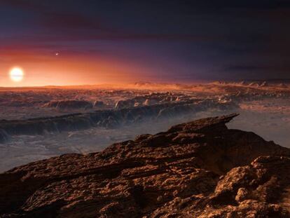 Recreación de la superficie del planeta Proxima b y su estrella Proxima Centauri