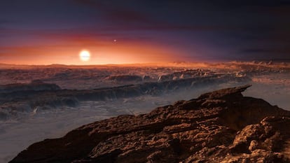 Recriação da superfície do planeta Próxima b e sua estrela Proxima Centauri. 