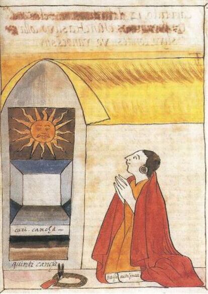 Ilustración de la crónica de Martín de Murúa que muestra al inca Pachacútec y al dios del sol Inti.