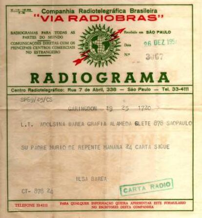 Radiograma con el anuncio de la muerte de Arturo Barea.