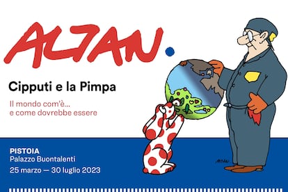 Cartel de una exposición en Pistoia en 2023 dedicada a Pimpa y Cipputi, creados por Altan.