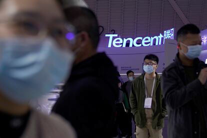 Un logo de Tencent se ve durante la Conferencia Mundial de Internet (WIC) en Wuzhen, provincia de Zhejiang, China, el pasado noviembre.
