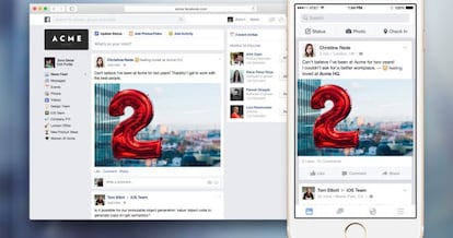 Aspecto de Facebook At Work en m&oacute;viles e internet.