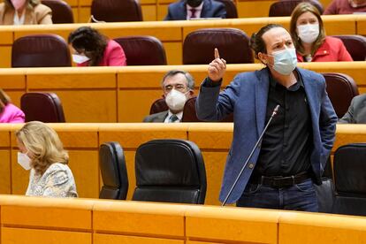 El vicepresidente segundo, Pablo Iglesias, interviene este miércoles durante la sesión de control al Gobierno en el Senado.