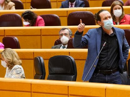 El vicepresidente segundo, Pablo Iglesias, interviene este miércoles durante la sesión de control al Gobierno en el Senado.