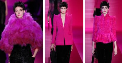 En un escenario dominado por una iluminación cambiante en función del color dominante de las prendas, el fucsia ha sido uno de los protagonistas de la colección de Armani de alta costura para el otoño/invierno próximo en chaquetas con pronunciados hombros o en el plumaje de un abrigo.