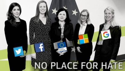 La Comisaria de Justicia de la UE, Věra Jourová (en el centro), junto a representantes de empresas en Internet.