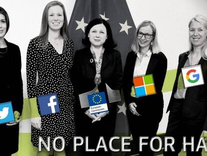 La Comisaria de Justicia de la UE, Věra Jourov&aacute; (en el centro), junto a representantes de empresas en Internet.