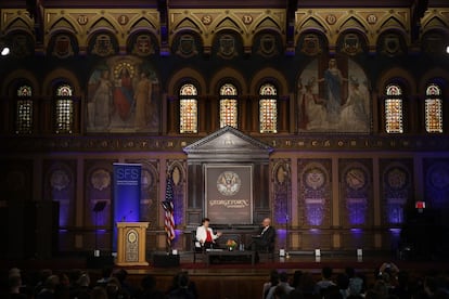 Kristalina Georgieva, durante su intervención en la Universidad de Georgetown de este jueves.