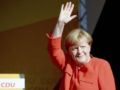 La canciller alemana, Angela Merkel, en un acto de campa&ntilde;a en  Berl&iacute;n.
