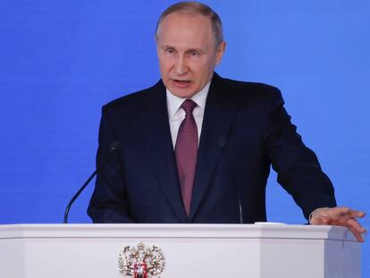 O presidente russo, Vladimir Putin, pronuncia o seu discurso anual sobre o estado da nação