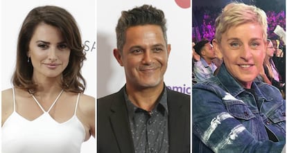 La actriz Penélope Cruz, el cantante Alejandro Sanz y la presentadora estadounidense Ellen Degeneres.
