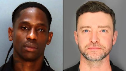 La ficha policial de Travis Scott y a la derecha la de Justin Timberlake.