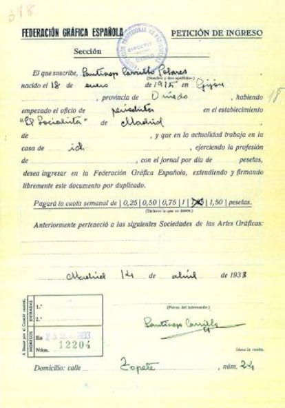 El documento en el que Santiago Carrilo pide su ingreso en la Federación Gráfica Española el 14 de abril de 1933