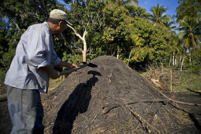 Elaboraci&oacute;n de carb&oacute;n vegetal a las afueras de La Habana.