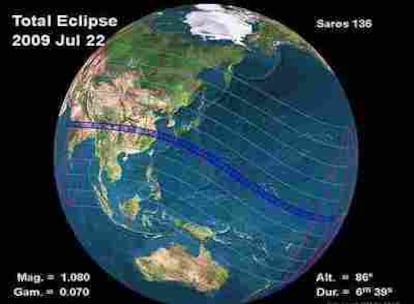 Ilustración de las zonas del planeta desde las que se verá el eclipse del 22 de julio.