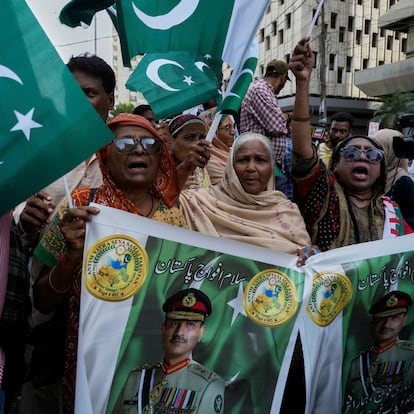 Members of Pakistani Hindu community take part in a demonstration to condemn Indian strikes into Pakistan and to show their support with the Pakistan Army, in Karachi, Pakistan, Saturday, May 10, 2025. (AP Photo/Fareed Khan)