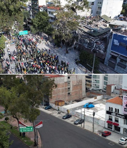 Un edificio derrumbado en la avenida Obregón en la Ciudad de México, momentos después del sismo del 19 de septiembre de 2017. En la foto de abajo, el mismo lugar un año después.