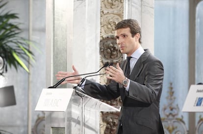 El presidente del PP, Pablo Casado, interviene durante el Foro ABC