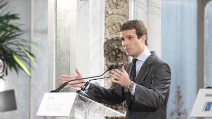 El presidente del PP, Pablo Casado, interviene durante el Foro ABC