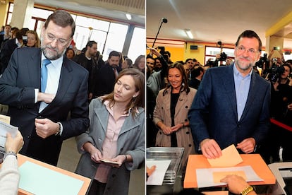 Mariano Rajoy y Elvira Fernández-Balboa. De una foto a otra han pasado dos legislaturas. En la primera, el matrimonio vota en las generales de 2004, tras las que venció Zapatero y el PP liderado por Rajoy pasó a la oposición. En las segundas, celebradas en 2011, venció el popular. En ambos casos el gallego acudió al colegio electoral junto a su esposa, y la pareja apenas varió su estilismo (ni su peinado): trench para ella y traje azul oscuro para él. Eso sí, en 2011 el político dejó de lado la corbata.