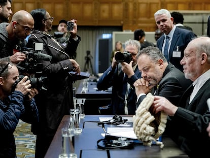 Israel's legal advisor Tal Becker (center) at the International Court of Justice in The Hague on January 12, 2024.