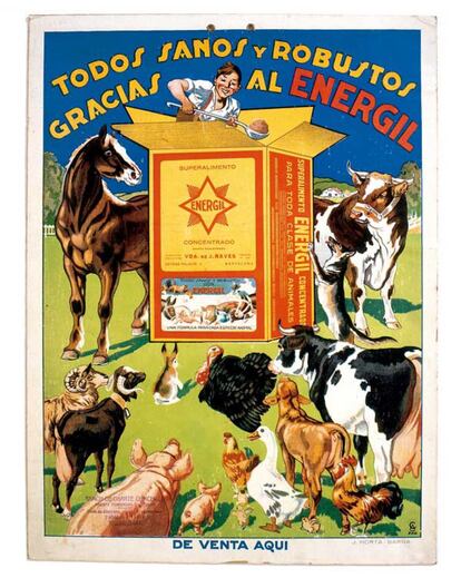 El libro 'Carteles españoles del siglo XX', de la editorial Susaeta, los clasifica por apartados según el producto que anunciaban. En el de 'Qué comíamos' se incluye este de 1929 del suplemento alimenticio para animales Energil, impreso en litografía sobre cartón.