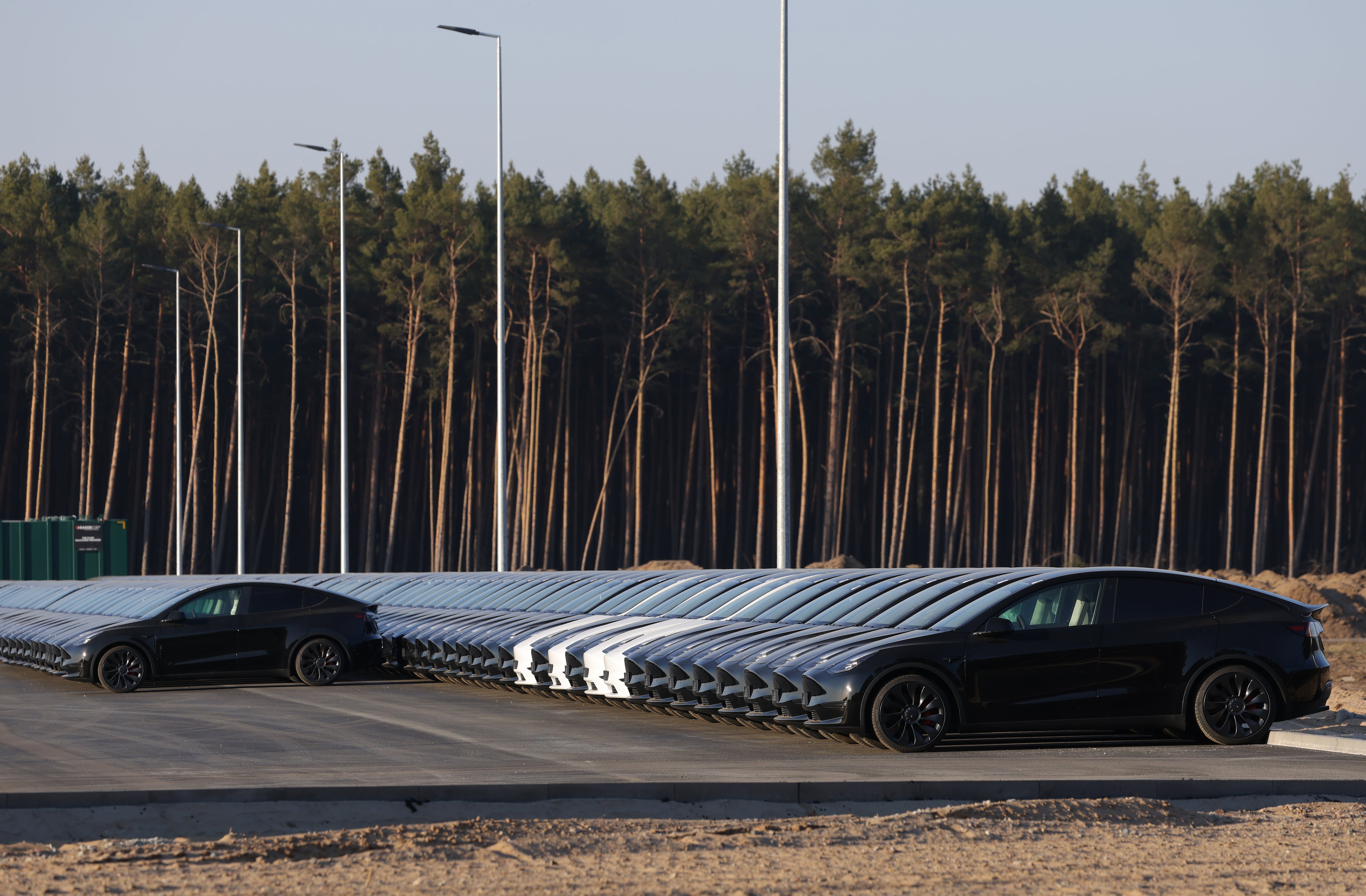 Varios automóviles del modelo Y de Tesla expuestos en la planta del fabricante en Gruenheide, Alemania