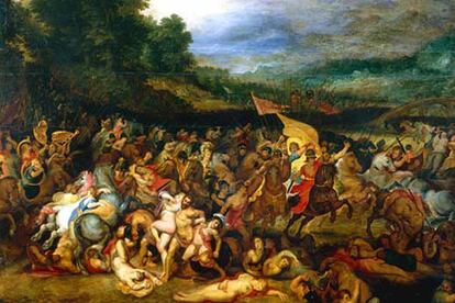 <i>El combate de las amazonas</i> (1598) es una de las obras maestras en el género de batallas pintadas por Rubens. La obra fue encargada por Cornelis van der Geest, rico e influyente comerciante de Amberes, cuya participación fue fundamental para que Rubens recibiera el encargo de La erección de la cruz.  La escena narra el triunfo de los atenienses dirigidos por Teseo -al que se reconoce en la parte superior izquierda por el plumaje rojo de su casco- ante el ejército femenino procedente de Asia Menor enviado por la reina de las Amazonas, Hipólita, que se sitúa a la derecha de Teseo, vestida con una túnica roja y tocada con un casco engalanado con plumas.