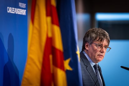 El expresidente de la Generalitat y eurodiputado de Junts, Carles Puigdemont, en una conferencia de prensa, el pasado 5 de septiembre.