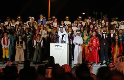 O emir do Catar, xeque Tamim bin Hamad al-Thani, durante seu discurso na cerimônia de abertura.