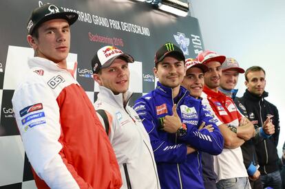 Redding, Bradl, Lorenzo, Márquez, Iannone, Miller y Zarco, en la conferencia de prensa del GP de Alemania.