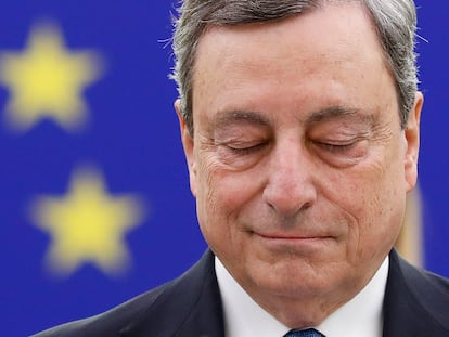 El primer ministro italiano Mario Draghi durante su intervención en el Parlamento Europeo de Estrasburgo, este martes.