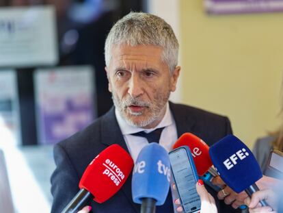 MADRID, 24/04/2024.- El ministro del Interior, Fernando Grande-Marlaska, atiende a la prensa durante su visita a la sede de la Federación de Mujeres Progresistas, este miércoles en Madrid. EFE/ Rodrigo Jiménez
