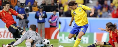 De izquierda a derecha, Villa trata de superar al portero sueco, Isaksson; Ibrahimovic regatea a Sergio Ramos en el gol de Suecia a España.