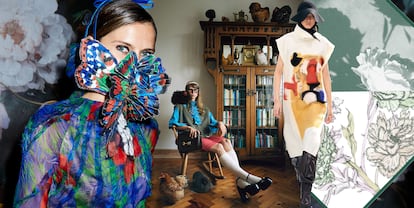 Desde la izda., imagen del último desfile de Ronald van der Kemp, campaña de Gucci O-I 2020/21, look de pasarela de Kenzo y pañuelo de seda de HERMÈS, inspirado en la fotosíntesis (375 €).