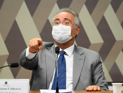 O senador Renan Calheiros (MDB-AL), durante a sessão da CPI da Covid.