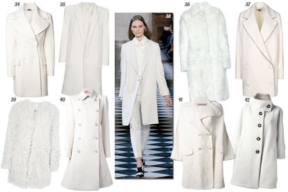 TEMPORADA EN BLANCO.

34. Alexander McQueen Con doble botonadura y solapas XL. 35. Davidelfin Estilo levita. 36. Salvatore Ferragamo Recto de pelo. 37. Stella McCartney Oversize y cruzado con doble botonadura. 38. Tommy Hilfiger. 39. Isabel Marnat Étoile Oversize de pelo. 40. Nº 21 Estilo lady con doble botonadura. 41. Ermanno Scervino Oversize con grabado de flores y doble botonadura. 42. Armani Collezioni Con cuello chimenea.