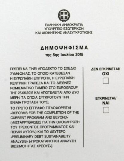 Papeleta de votación para el referéndum del 5 de julio en Grecia.