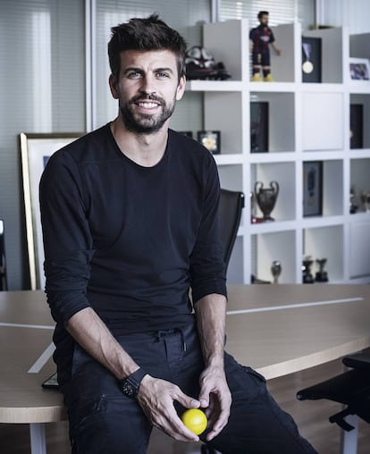 A collection of trophies adorns Piqué’s office in Kosmos Global Holding.