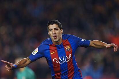 Luis Suárez celebra su gol frente al Atlético de Madrid.