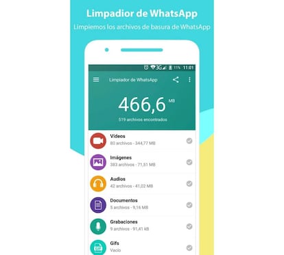 Con limpiador de WhatsApp podemos limpiar en minutos las gigas acumuladas en archivos descargados de la app