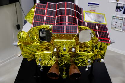 A miniature model of the Smart Lander for Investigating Moon (SLIM) is displayed at Japan Aerospace Exploration Agency (JAXA)'s facility in Sagamihara, Japan, January 19, 2024.